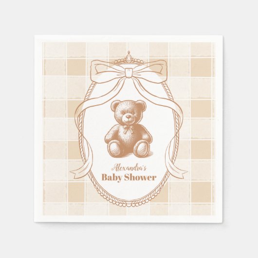 Gingham French Teddy Bear Baby Shower Serviette (Vorderseite)