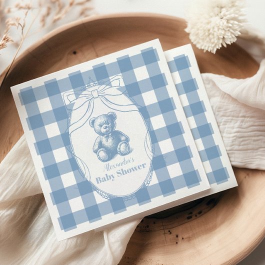 Gingham French Teddy Bear Baby Shower Serviette