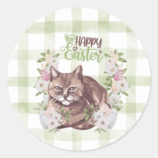 Gingham Frohe Ostern Katze Runder Aufkleber (Vorderseite)