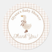 Gingham-Gans-Baby-Party-Aufkleber in Beige Runder Aufkleber (Vorderseite)