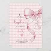 Gingham Girl Taufe Pink Bow Pearl Cross Einladung (Vorne/Hinten)