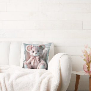 Gingham Girly Teddy Bear auf einem Stuhl Kissen