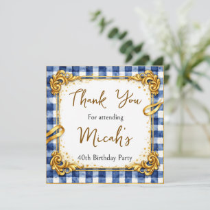 Gingham Gold Blau Weiß Luxus Modern Trendig Chic Dankeskarte