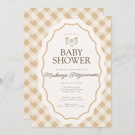 Gingham Goose Triplet Kinderdusche Einladung (Vorne/Hinten)