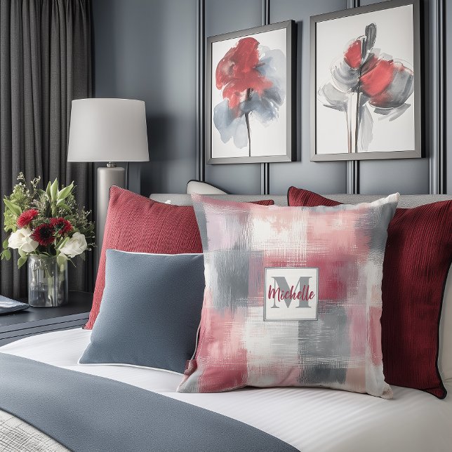 Gingham Grace Pink & Gray Monogram Accent Pillow Kissen (Von Creator hochgeladen)