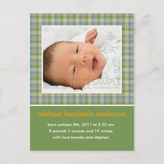 Gingham Green/Blue ・ Baby-Ankündigung Ankündigungspostkarte