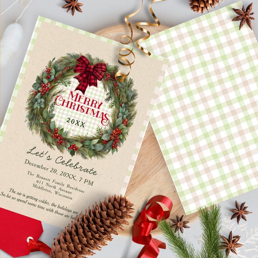 Gingham Green Red Wreath Farmhouse Weihnachten Einladung