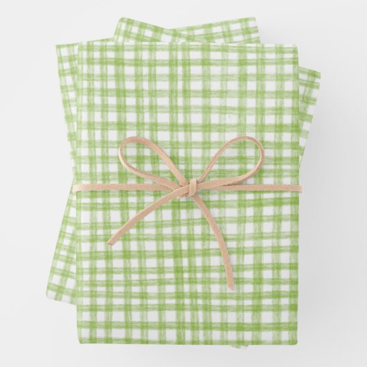Gingham Hand-Drawn Modern Cute Green White Preppy Geschenkpapier Set (Beispiel)