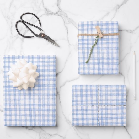Gingham Hand Gezeichnet Modernes Niedliches Blaues Geschenkpapier Set (Vorderseite)