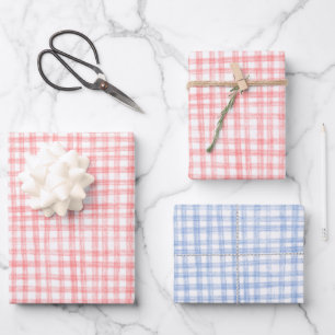 Gingham Hand Gezeichnet Modernes Niedliches Blaues Geschenkpapier Set