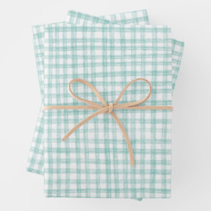 Gingham Hand Gezeichnet Modernes Niedliches Grünes Geschenkpapier Set