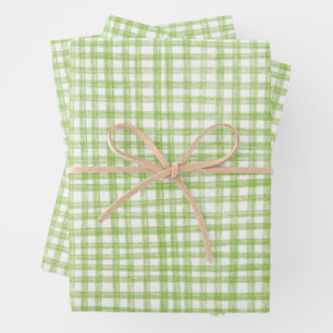 Gingham Handgezeichnet Modern Süß Grün Weiß Preppy Geschenkpapier Set