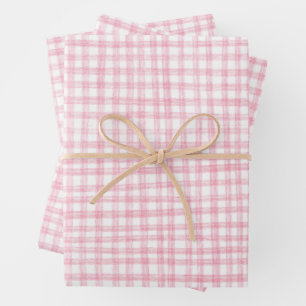 Gingham Handgezeichnet Modern Süß Rosa Weiß Preppy Geschenkpapier Set
