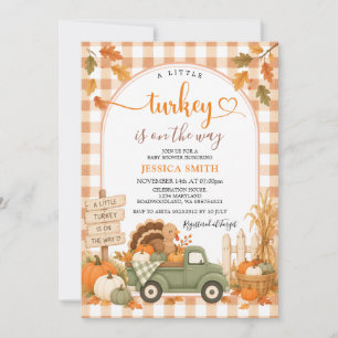 Gingham Herbst Ein Kleiner Truthahn Baby Shower  Einladung