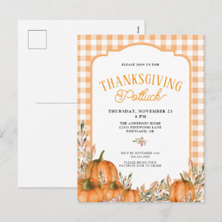 Gingham-Herbstkürbisse-Thanksgiving-Buffet Feiertagspostkarte
