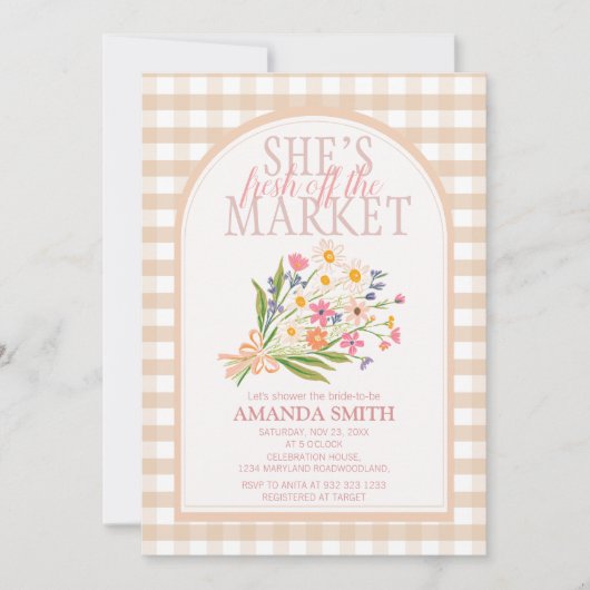 Gingham Hochzeitsshower - Frisch vom Markt Einladung (Vorderseite)