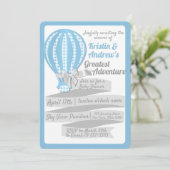 Gingham Hot Air Balloon Blue Baby Dusche Einladung (Stehend Vorderseite)