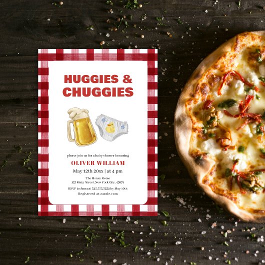 Gingham Huggies Chuggies Beer & Diaper Baby Shower Einladung