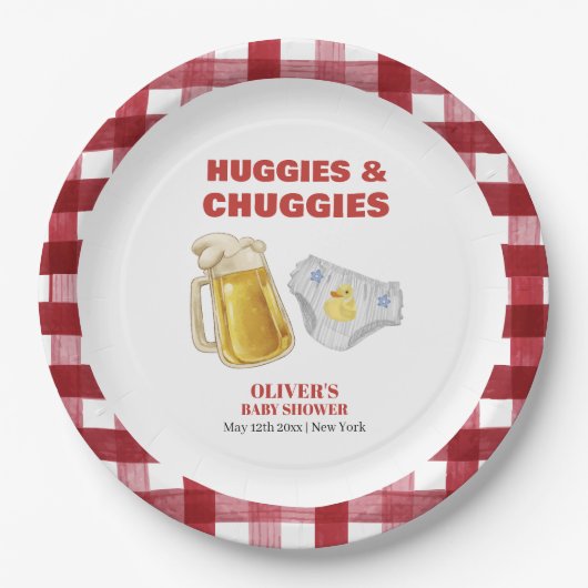 Gingham Huggies Chuggies Bier Windel Baby Shower Pappteller (Vorderseite)