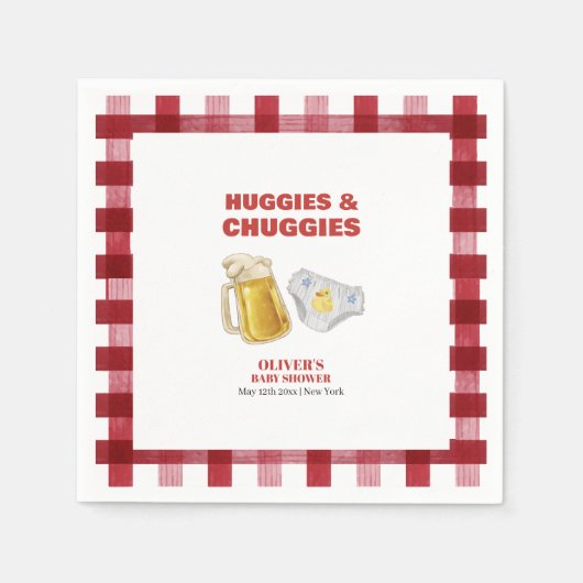 Gingham Huggies Chuggies Bier Windel Baby Shower Serviette (Vorderseite)