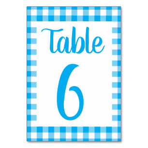 Gingham-Kariert Blaues Landhochzeit-Tischschild Tischnummer