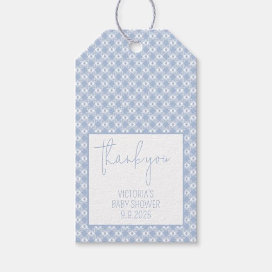 Gingham Kariert Pastel Dusty Blue Baby Dusche Geschenkanhänger (Vorderseite)