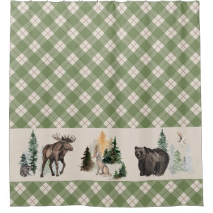 Gingham-Kariert Wasserfarbe Waldtier Forst Duschvorhang