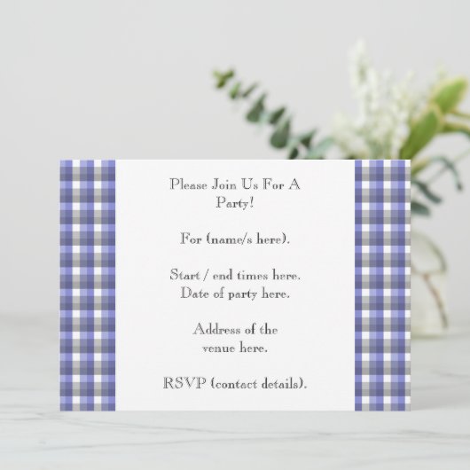 Gingham Karo. Blau, Grau, Weiß. Fotovorlage. Einladung (Stehend Vorderseite)