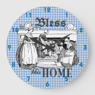 Gingham-Karo blau-weiß Bless This Home-Uhr Große Wanduhr
