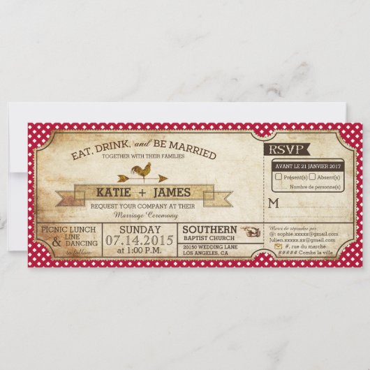 Gingham Karo Country Picnic Wedding Französisch Einladung (Vorderseite)
