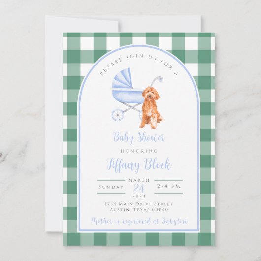 Gingham Karo Dog Boy Baby Shower Einladung (Vorderseite)