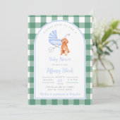 Gingham Karo Dog Boy Baby Shower Einladung (Stehend Vorderseite)