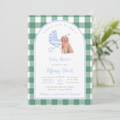 Gingham Karo Dog Boy Baby Shower Einladung (Stehend Vorderseite)