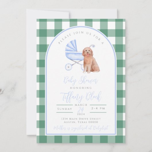 Gingham Karo Dog Boy Baby Shower Einladung (Vorderseite)