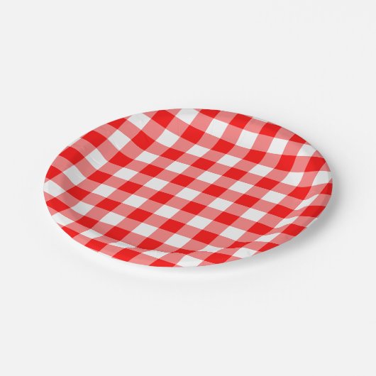 Gingham-Karo in Rot und Weiß Pappteller (Schrägansicht)