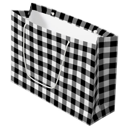 Gingham-Karo in Schwarz und Weiß Große Geschenktüte (Vorderseite Schrägansicht)