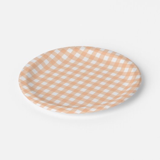 Gingham Karo Kariert Picnic Peach Pappteller (Schrägansicht)