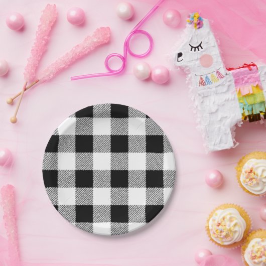 Gingham Karo Muster schwarz-weiß Pappteller (Party)
