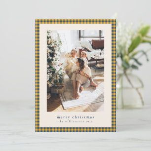 Gingham-Karo Navyblau Gelb Weihnachtsfoto Feiertagskarte