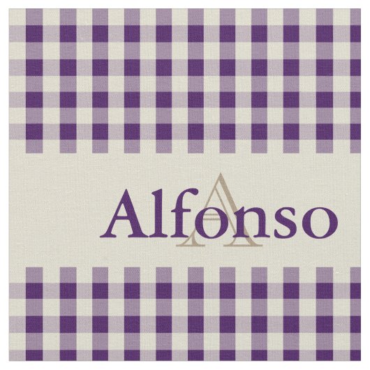 Gingham Karo Pattern Monogram Traube Lila Beige Stoff (Nahaufnahme)