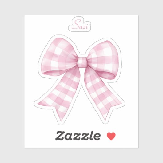 Gingham Karo Pink Bow mit Name Vinyl Sticker (Blatt)