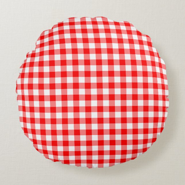 Gingham-Karo, rot und weiß, mittelgroß Rundes Kissen (Vorderseite)