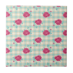 Gingham-Karo und rosa schicke Rosen Muster Fliese