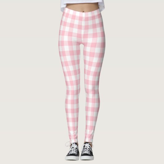 Gingham-Karos, rosa und weiße Mittelformat Leggings (Vorderseite)