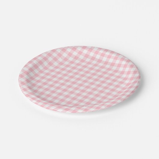 Gingham-Karos, rosa und weiße Mittelformat Pappteller (Schrägansicht)