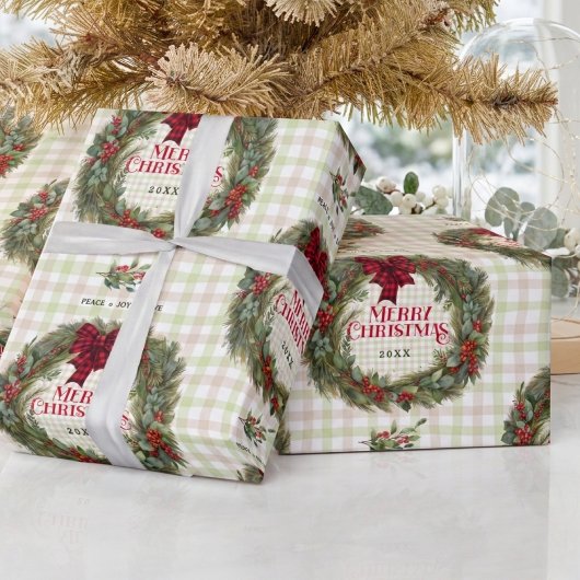 Gingham-Kranz Aquarell Weihnachten Geschenkpapier