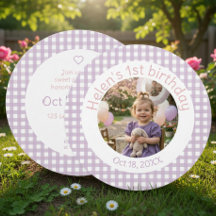 Gingham Lavender 1. Geburtstags-Foto-Einladung