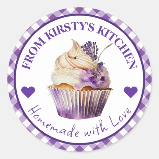 Gingham Lavender Cake Label Runder Aufkleber (Vorderseite)