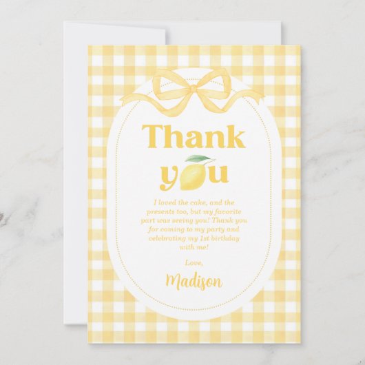 Gingham Lemon Themed 1. Geburtstag Dankeskarte (Vorderseite)