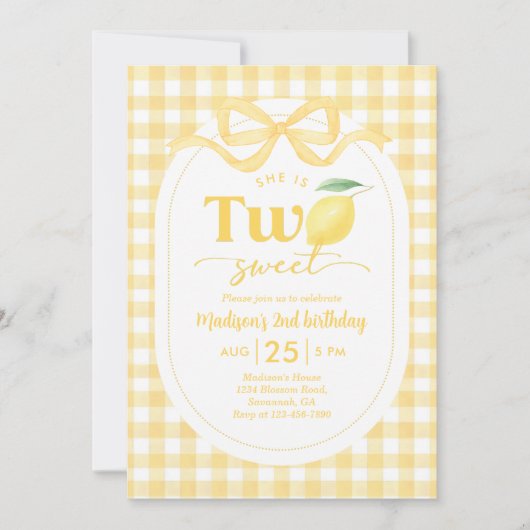 Gingham Lemon Themed 2. Geburtstag Einladung (Vorderseite)
